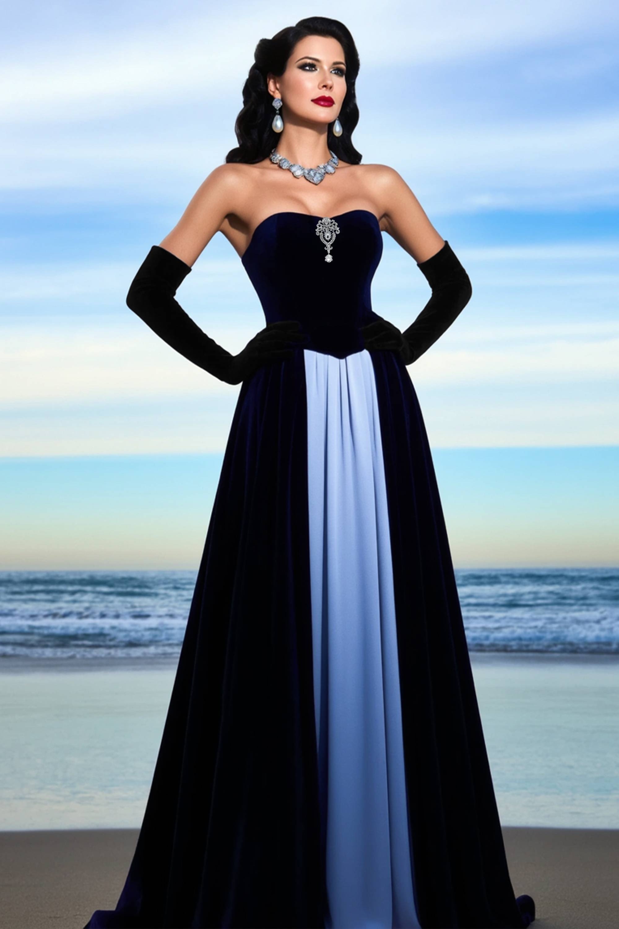 Formal ​Evening Dress Blue Strapless Colorblock Maxi Dress