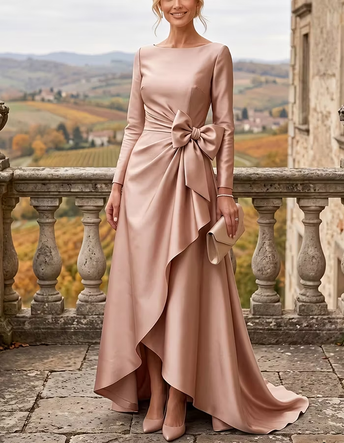 Satin Bateau Neck Bow Ruffle High Low Maxi Dress