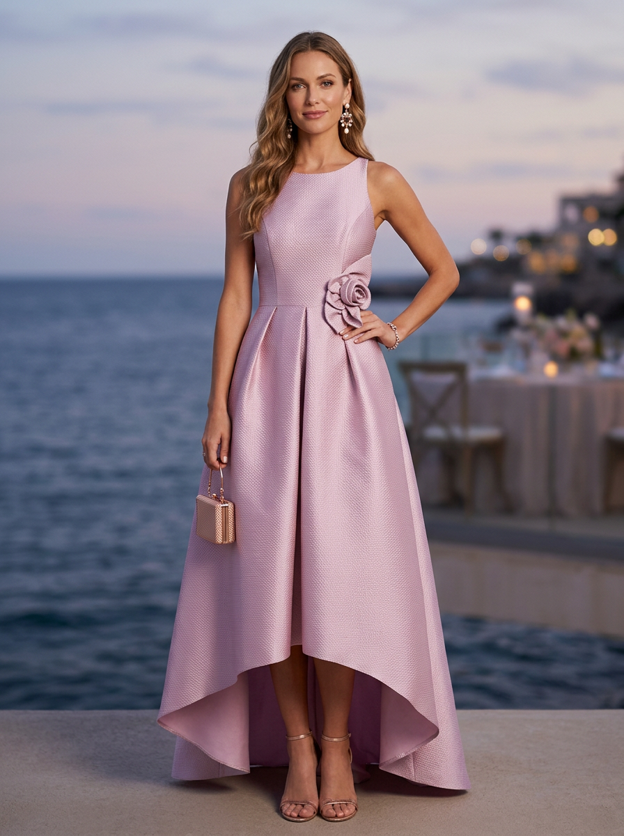 Dusty Pink Satin Sleeveless with 3D Flower Maxi Dress