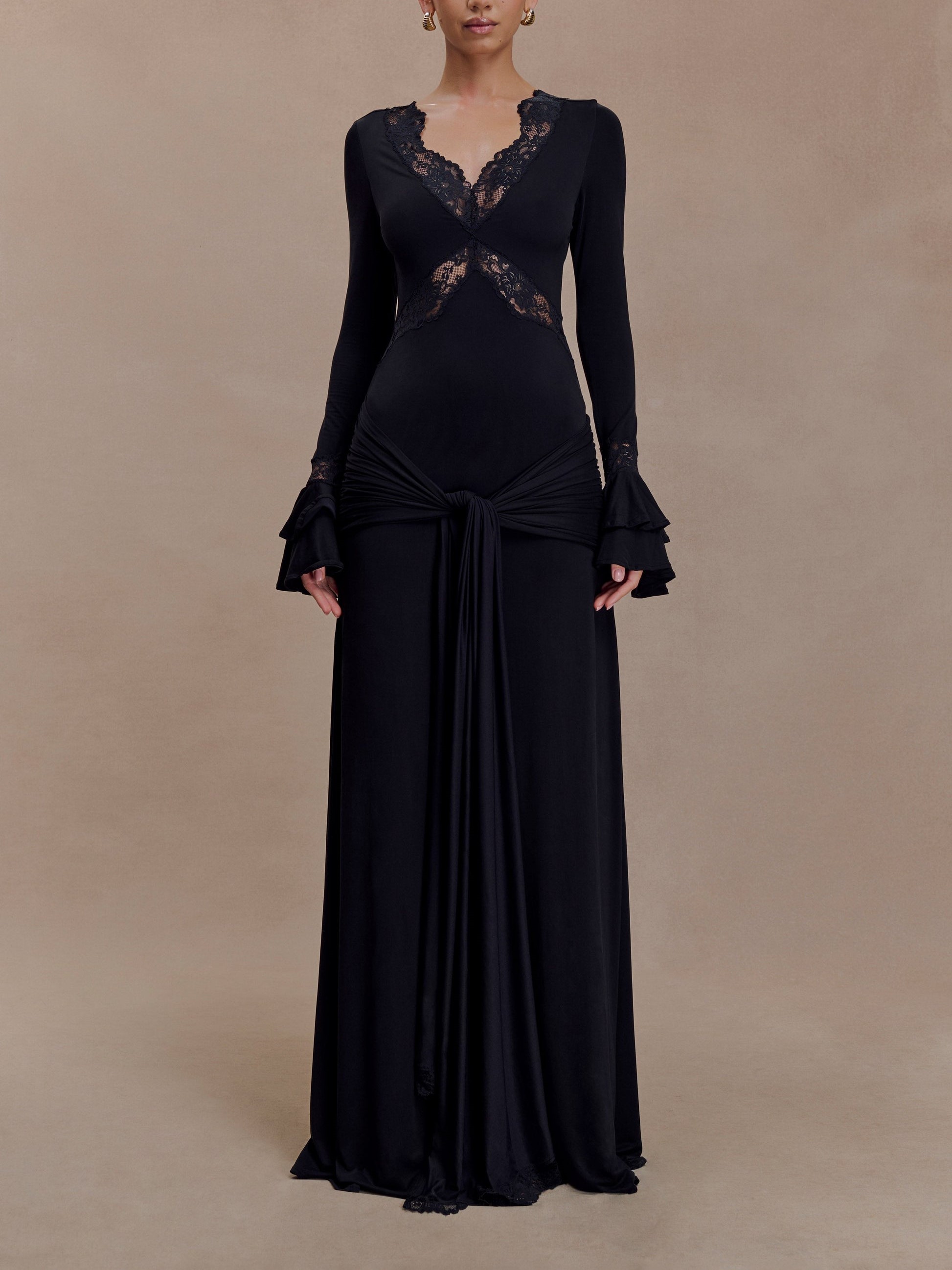 Vulldy Slinky Lace Maxi Dress - Black