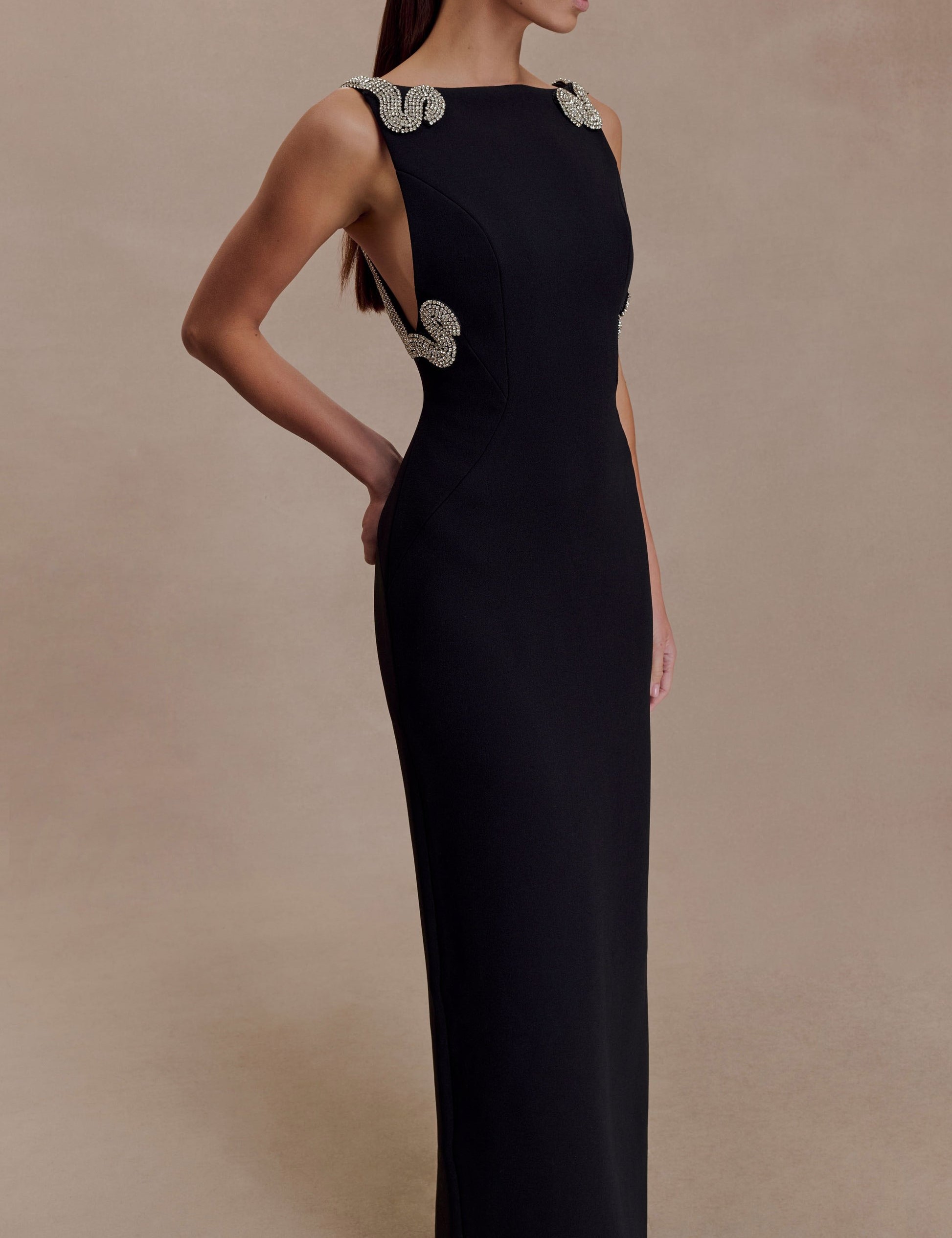 Embellished Crepe Maxi Dress - Black