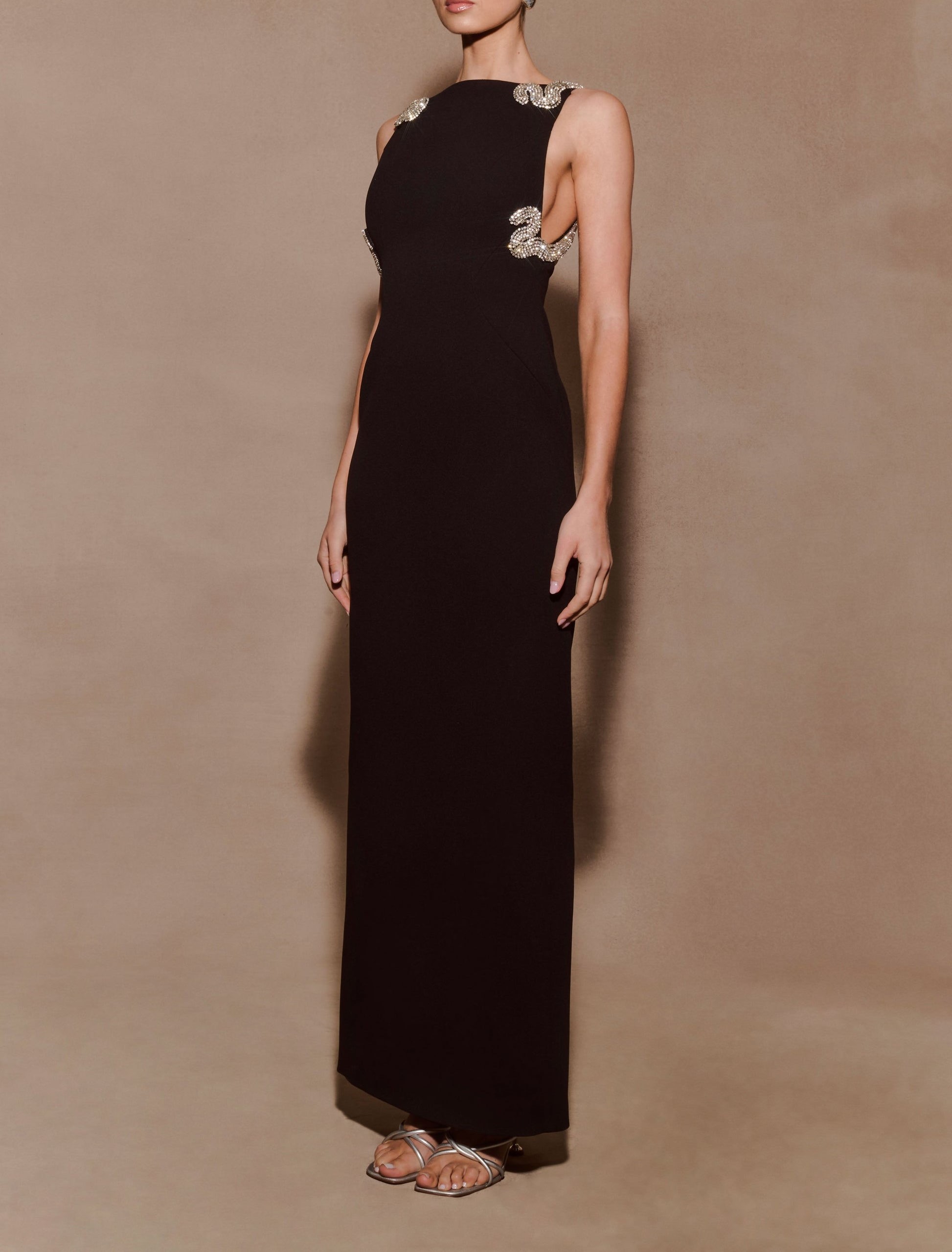 Embellished Crepe Maxi Dress - Black