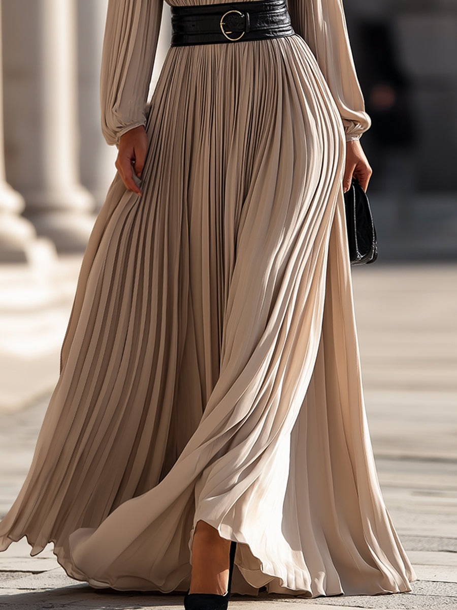 Pleated High-Neck Maxi Dress