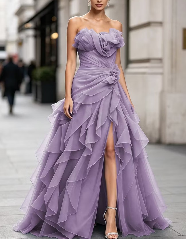 Light Blue Strapless Ruffled Tulle Mermaid Formal Maxi Dress