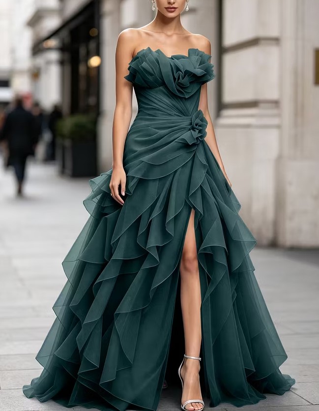Light Blue Strapless Ruffled Tulle Mermaid Formal Maxi Dress