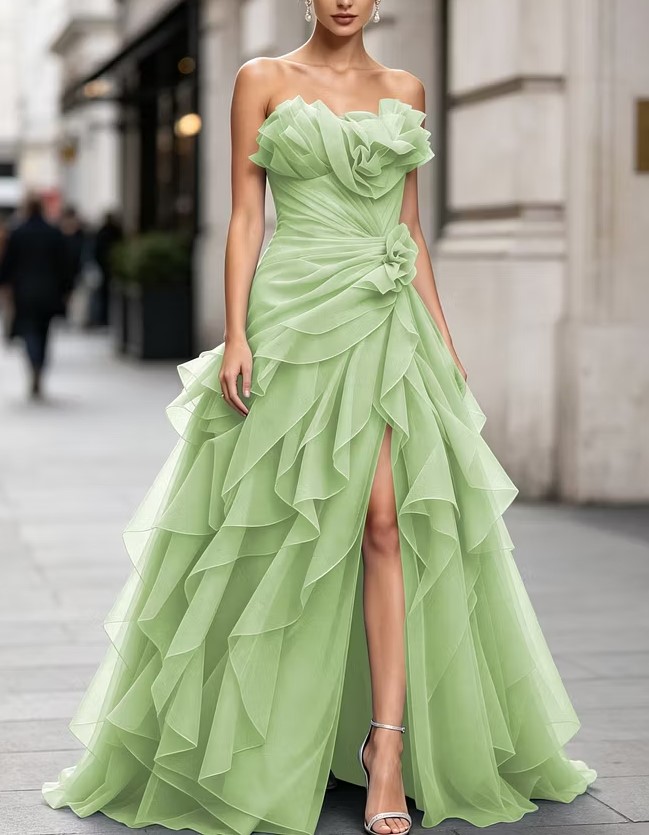 Light Blue Strapless Ruffled Tulle Mermaid Formal Maxi Dress
