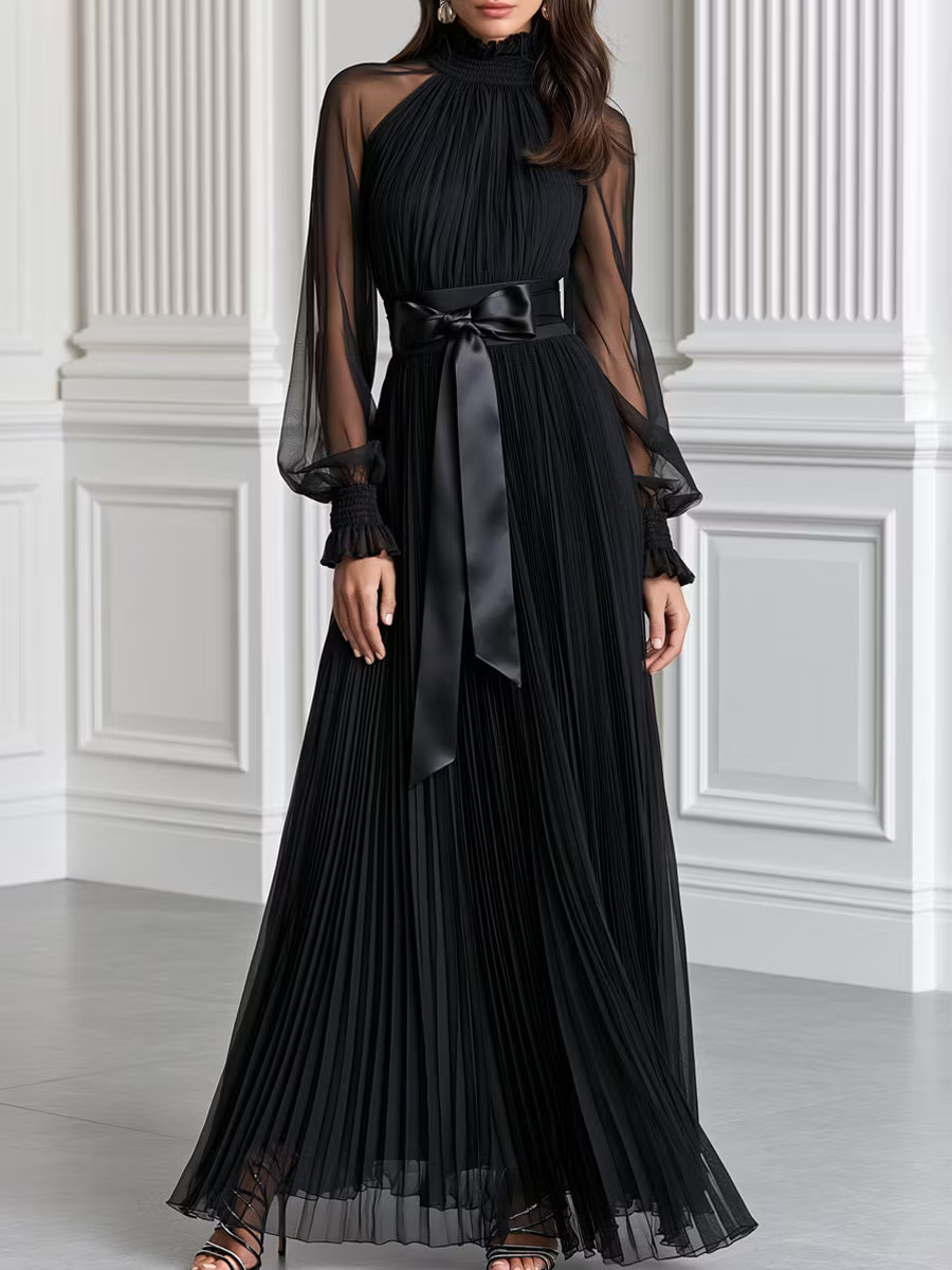 Black Pleated Sheer Long Sleeve Satin Belt Maxi Evening Dress