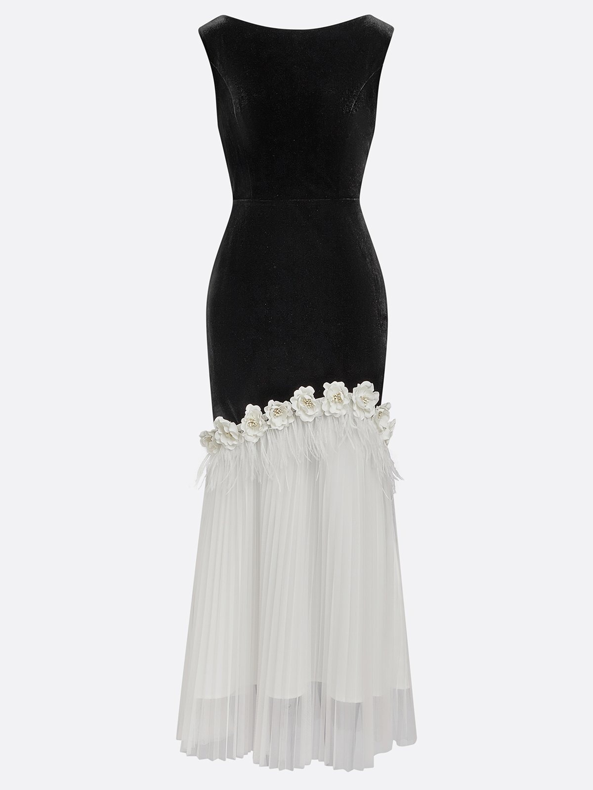 Black Tassel 3D Floral Velvet Boat Neck Sleeveless Mermaid Midi Dress