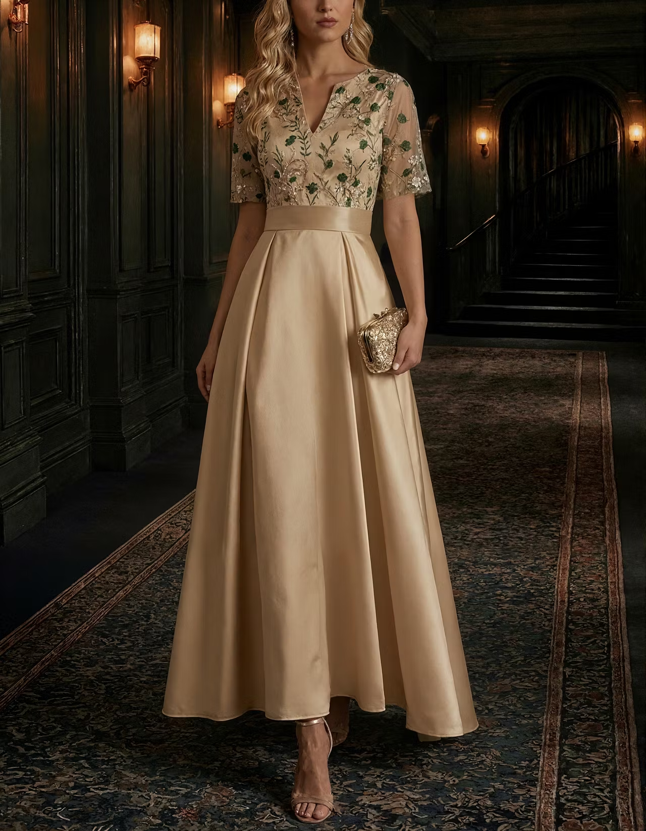 Champagne V-Neck Short Sleeve Floral Embroidery A-Line Midi Dress