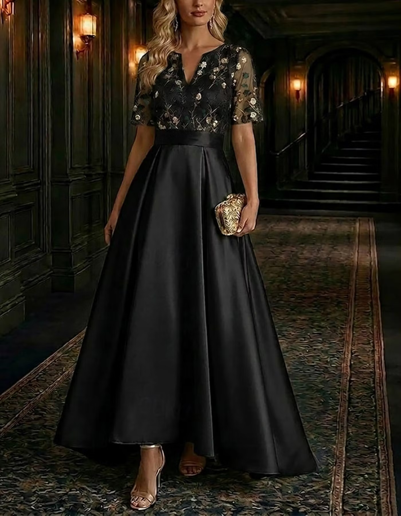 Champagne V-Neck Short Sleeve Floral Embroidery A-Line Midi Dress