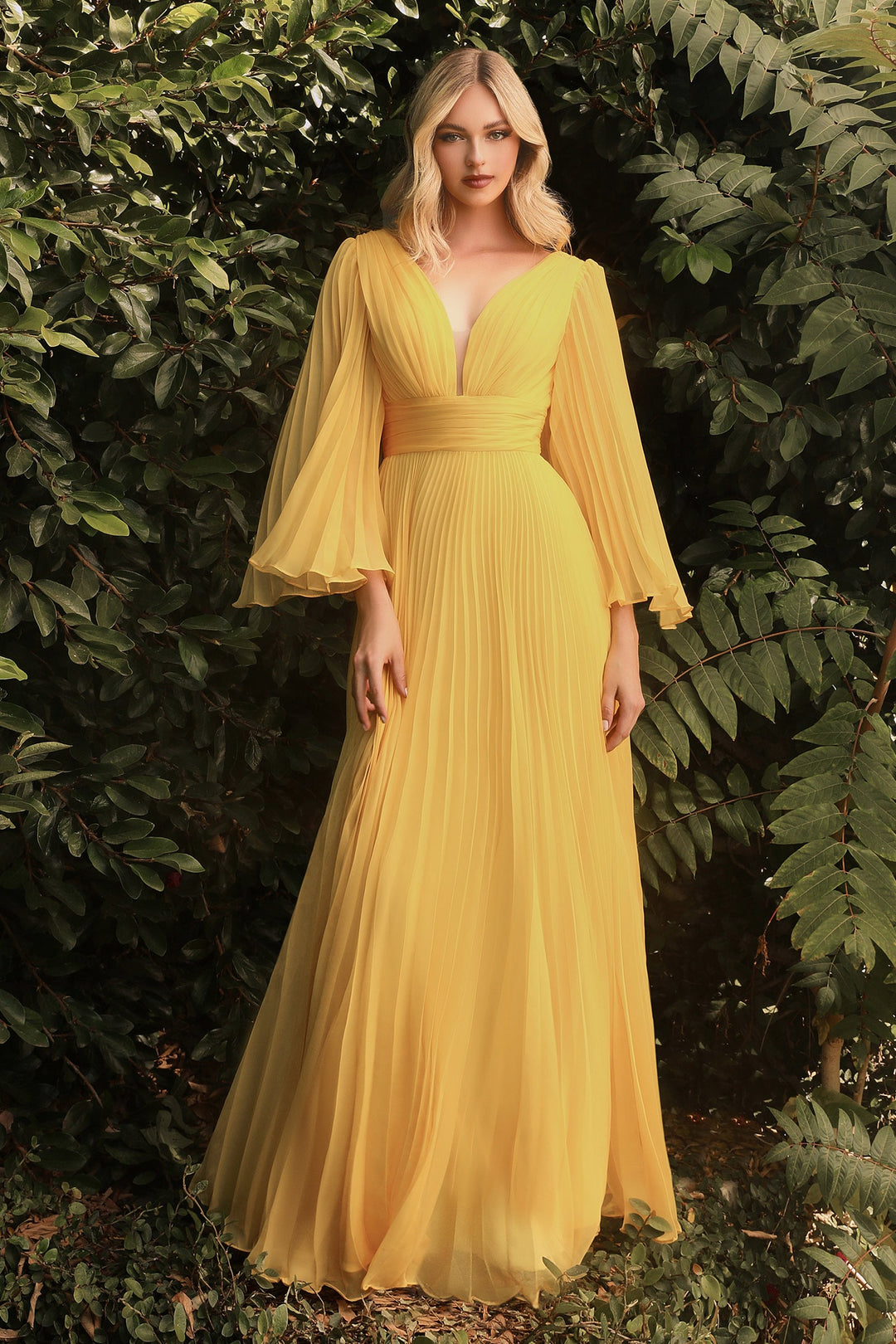 Pleated Bell Sleeve V Neck Maxi Dress