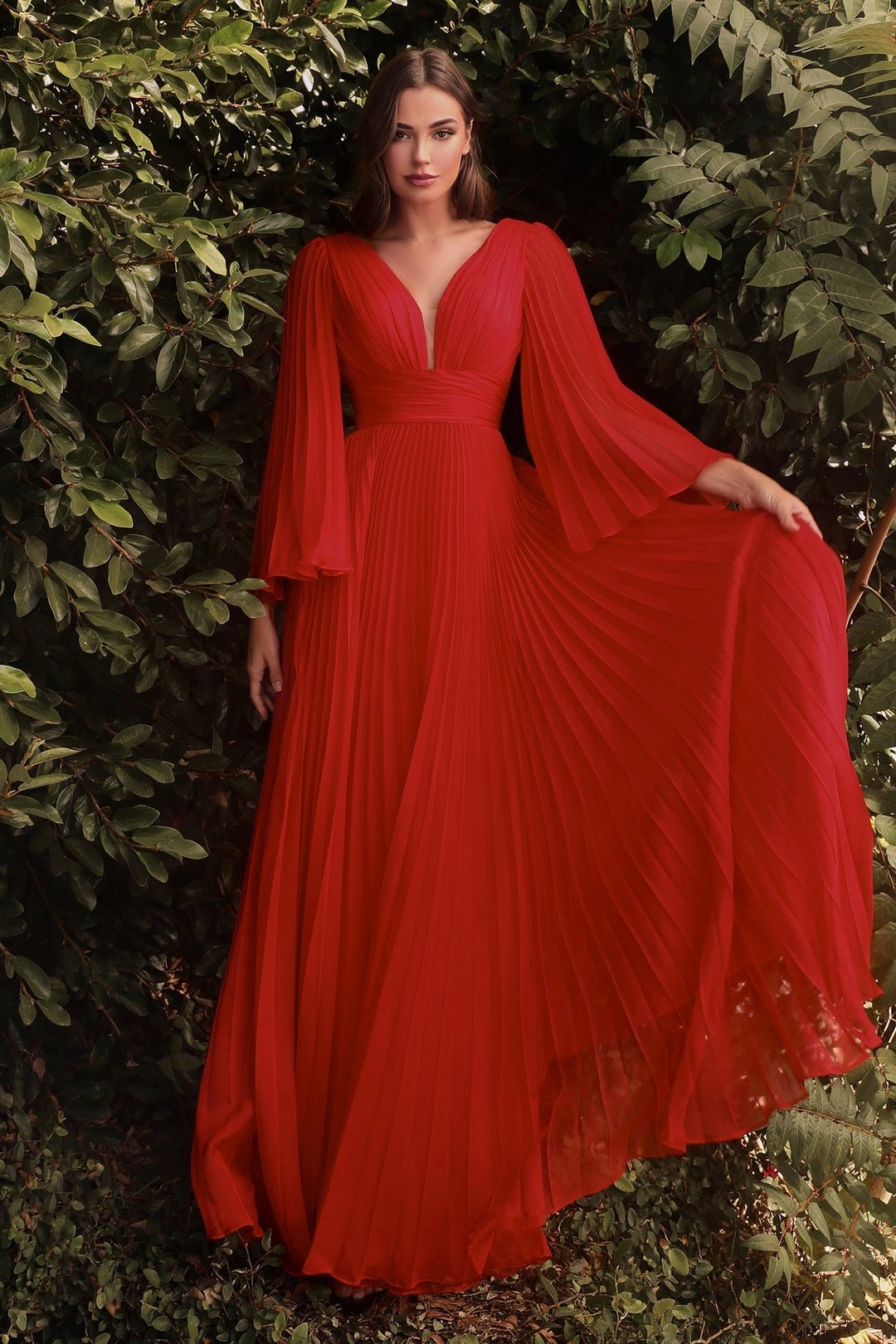 Pleated Bell Sleeve V Neck Maxi Dress