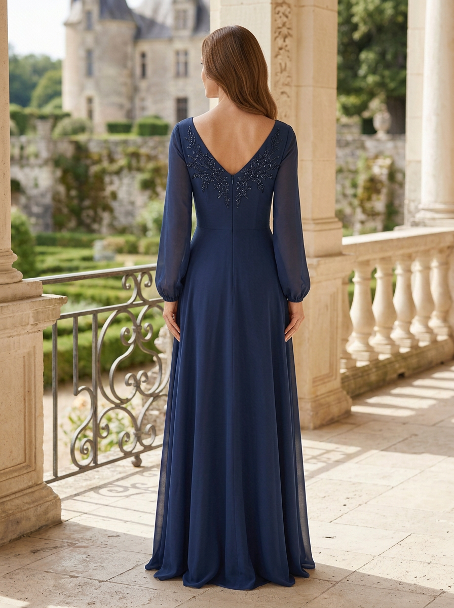 Navy Blue V-Neck Sequin Waist Chiffon Maxi Dress