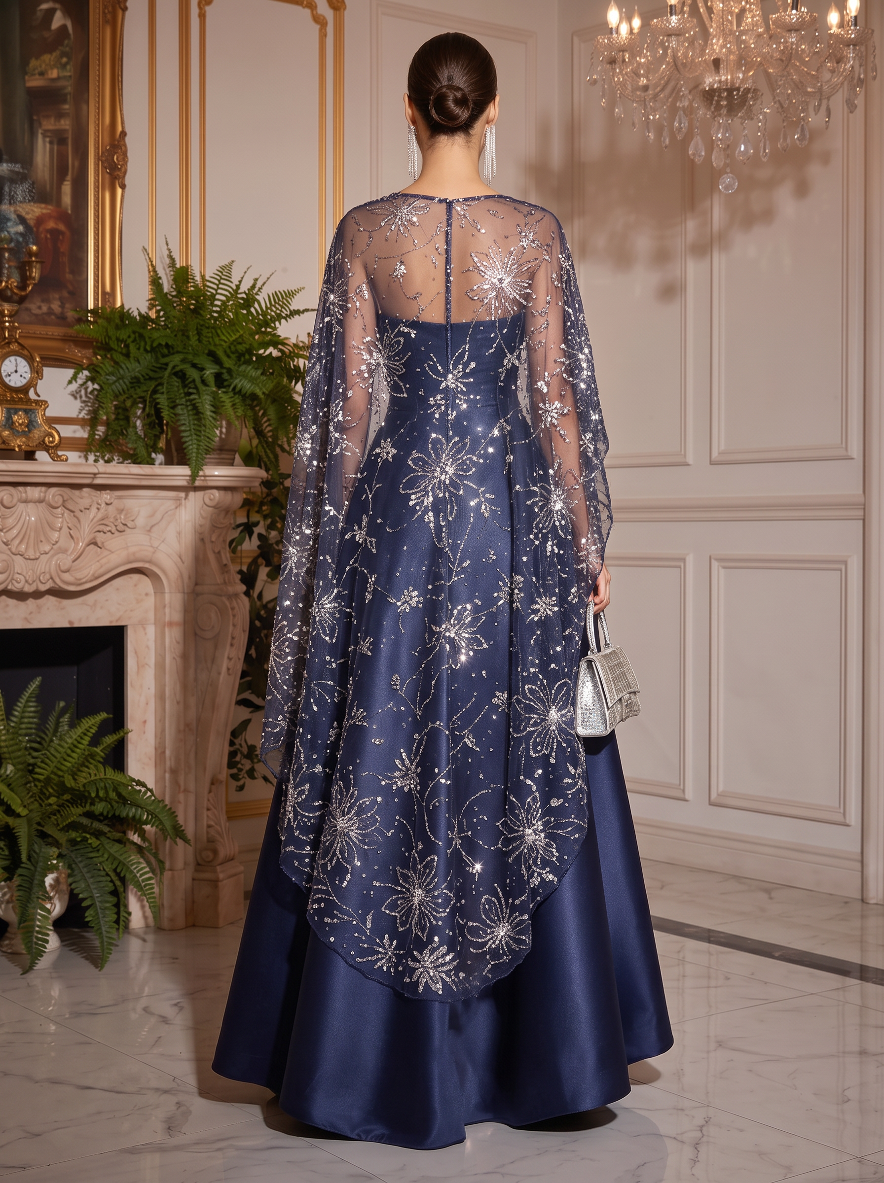 Navy Blue A-Line Satin Asymmetrical Sequined Cape Sleeves Bateau Neck With Pocket