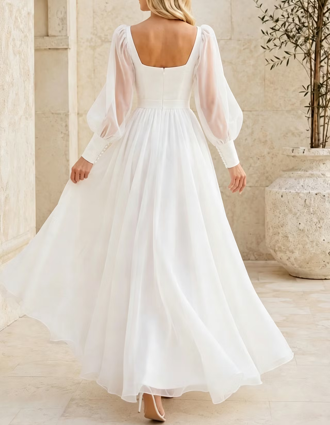 Boat Neck Satin Chiffon Sheer Puff Long Sleeve Evening A‑Line Maxi Dress