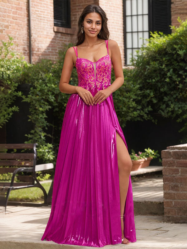 Fuchsia A Line Sweetheart Corset Pleated Prom Dress with Lace Appliques