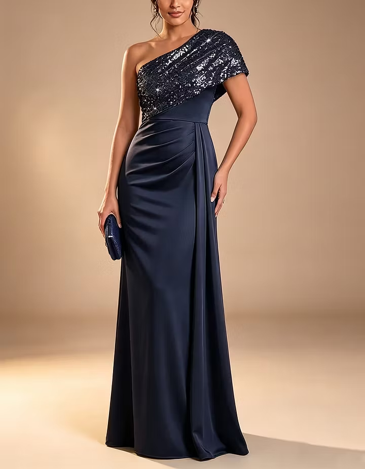 Champagne One Shoulder Sequin Satin Maxi Evening Gown