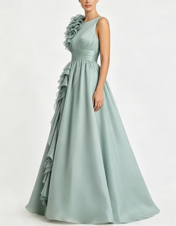 Sage Green 3D Floral Ruffle A‑Line Long Maxi Dress