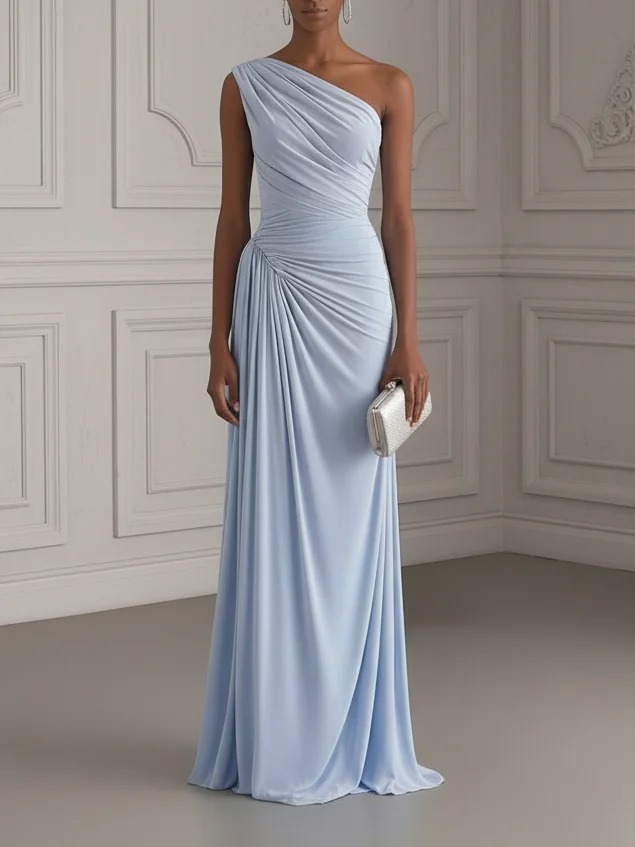 Light Blue Ruched Knit One Shoulder Sleeveless Bodycon Gown Dress