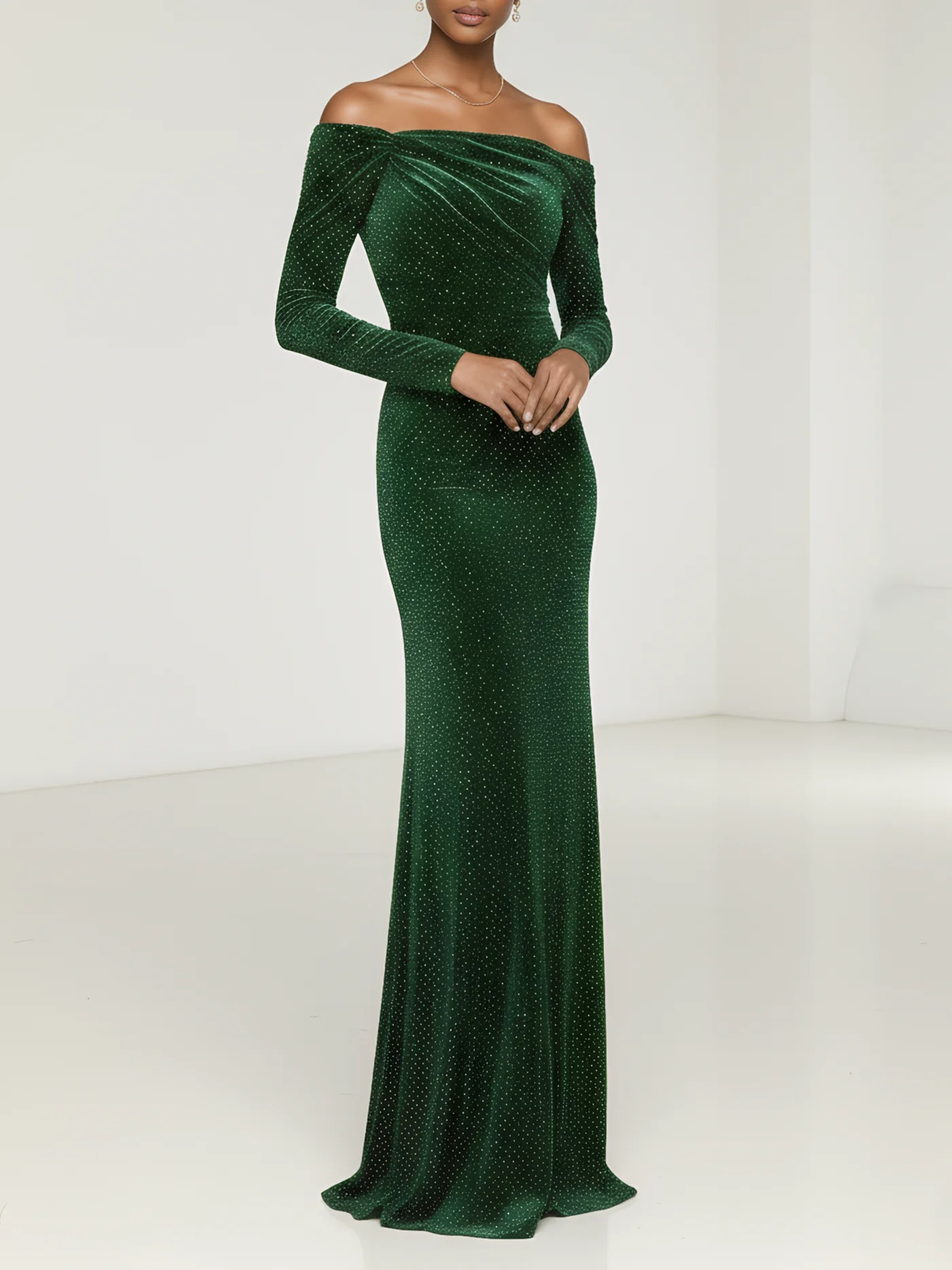 Green Hot Drilling Velvet Off The Shoulder Long Sleeve Sheath Gown Dress
