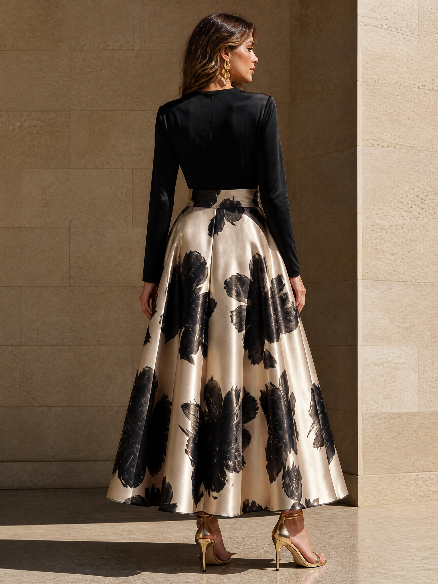 Black Floral Long-Sleeve Satin V-Neck A-Line Maxi Evening Gown Dress