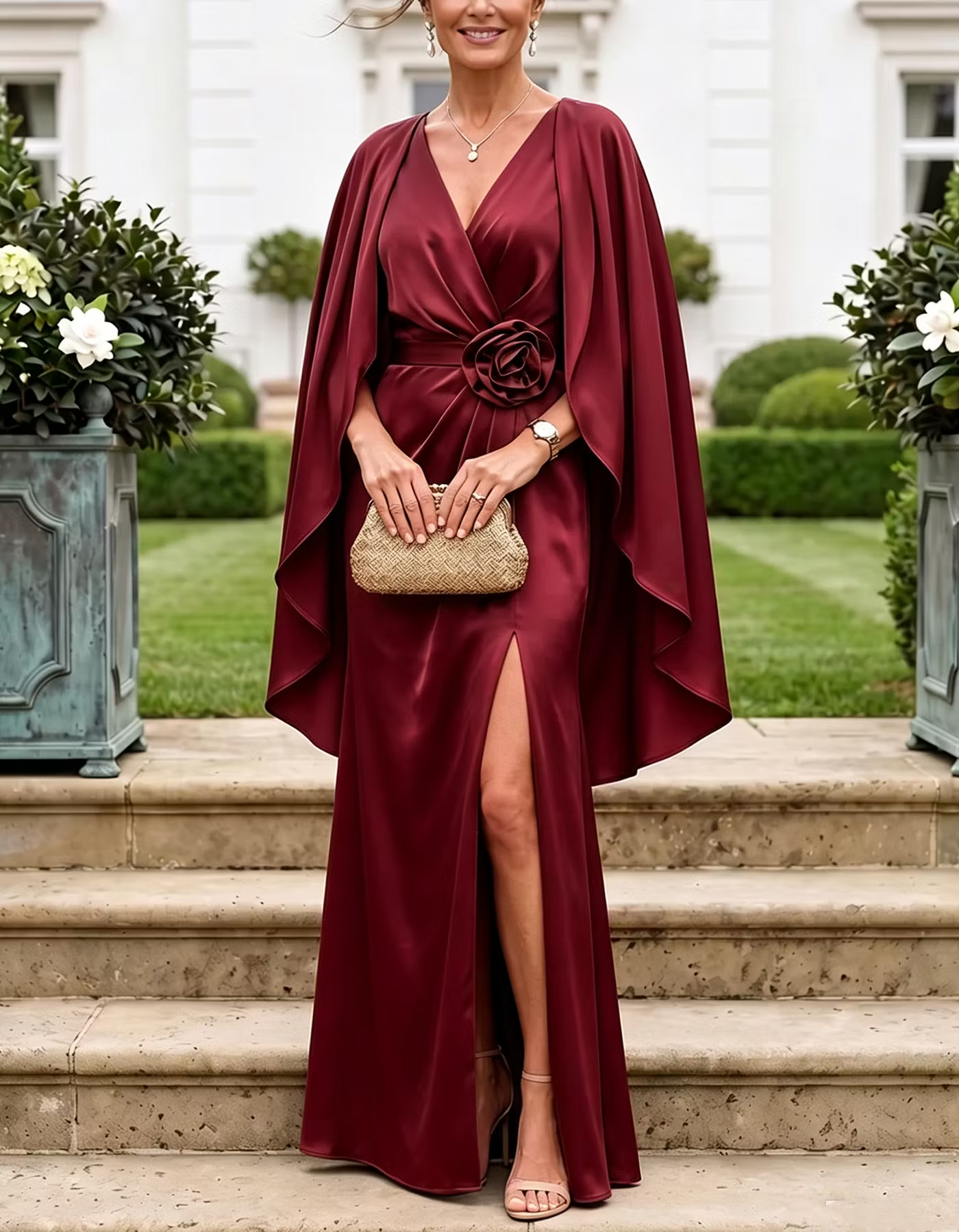 Olive Green V-Neck Cape Sleeve 3D Flower Front Slit Sheath Maxi Dress