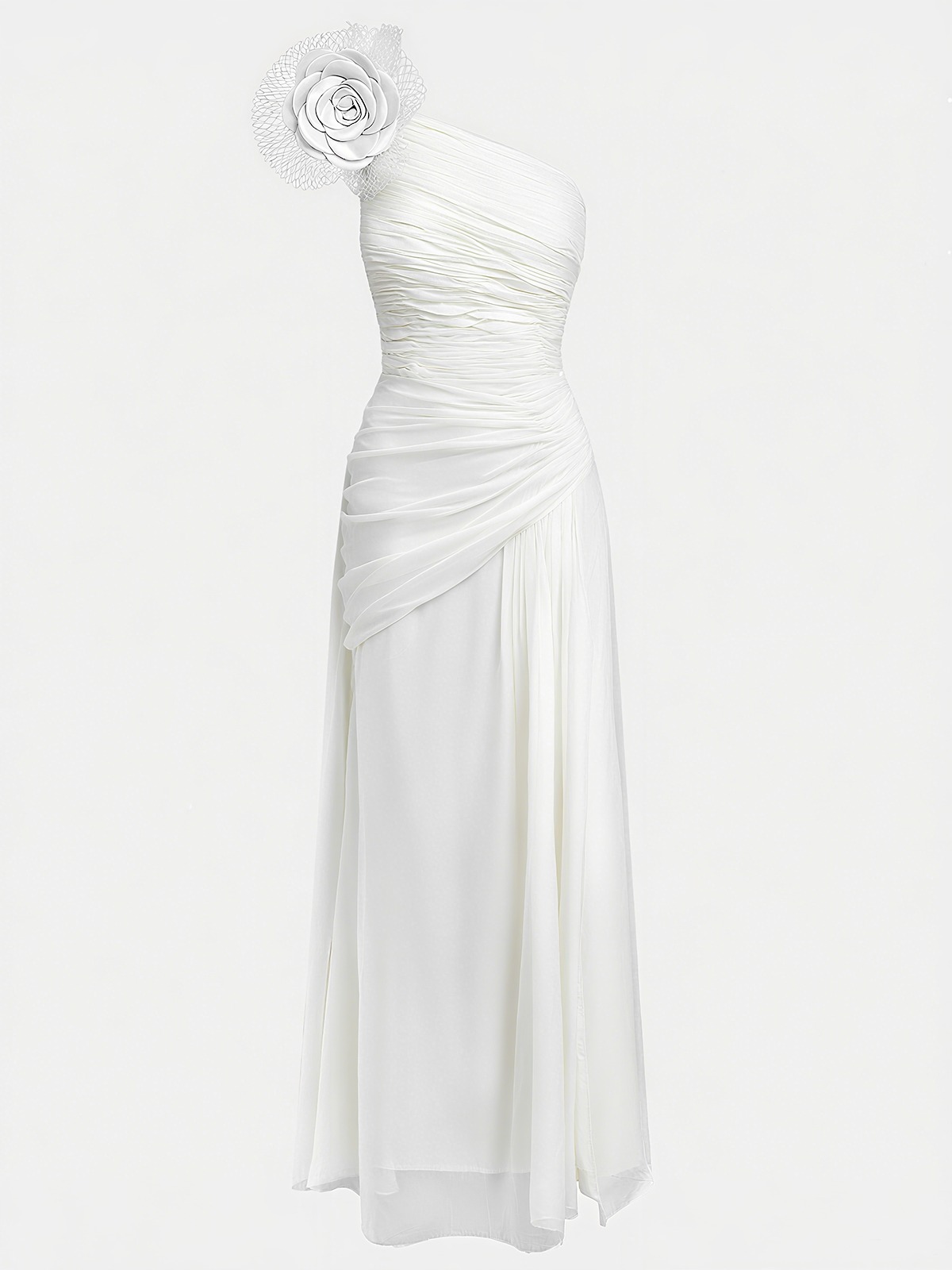 White 3D Floral Ruched Chiffon One Shoulder Sleeveless Sheath Gown Dress