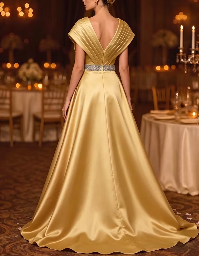 Gold Pleated V‑Neck Cap‑Sleeve Beaded‑Waist Satin Mermaid Maxi Dress