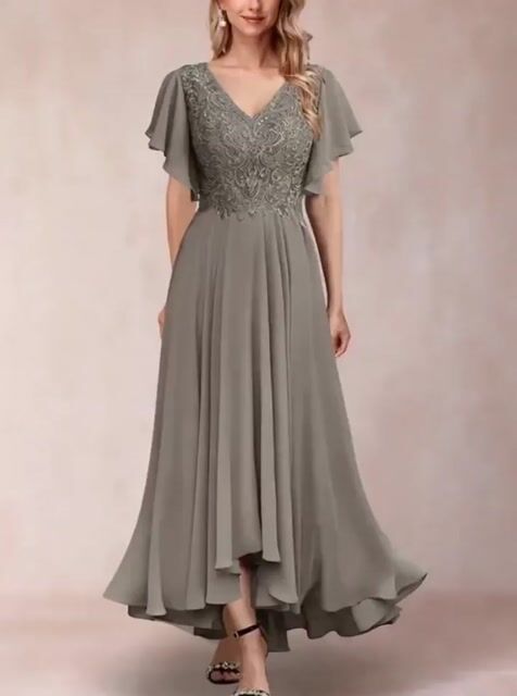 A-line V-neck Short Sleeved Chiffon Maxi Dress