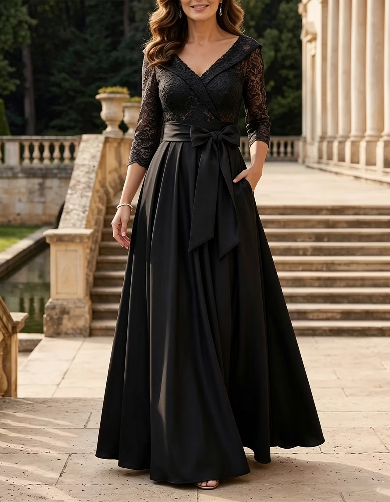 Dusty Rose V-Neck 3/4 Sleeve Lace Bodice Sash Bow A-Line Maxi Dress