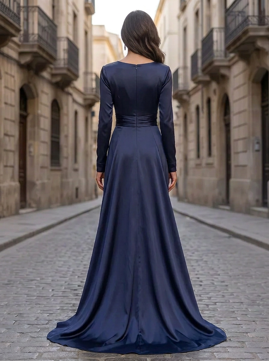 Navy Blue V-Neck Long Sleeve Twist Waist High-Low Ruffle Maxi Dress