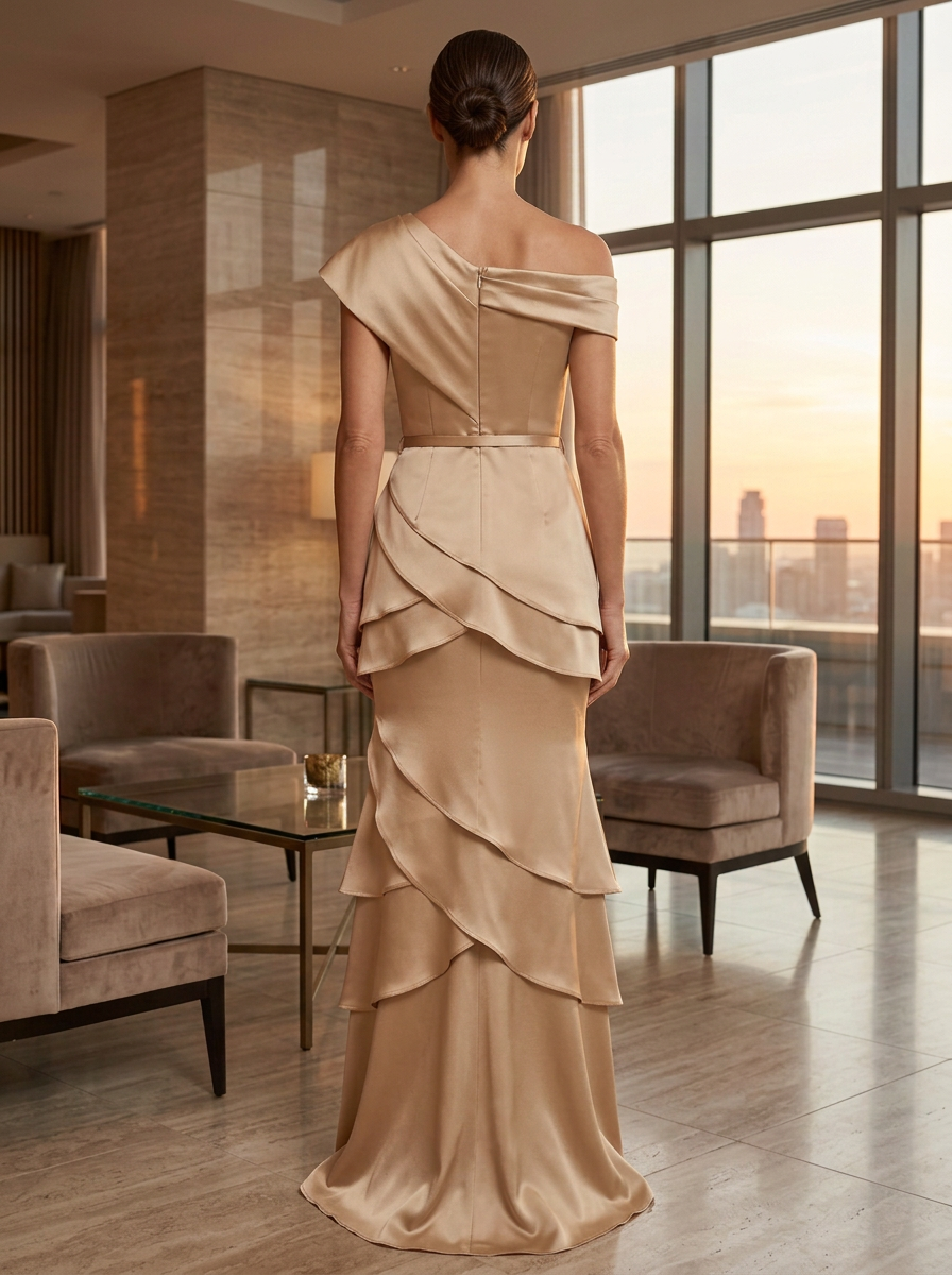 Champagne One-Shoulder Waistband Tiered Ruffle Satin Mermaid Maxi Dress