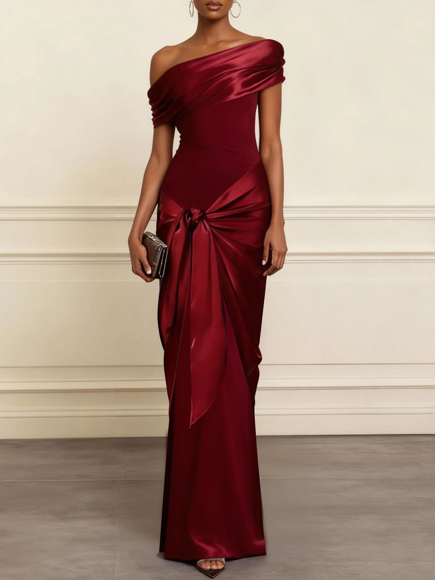 Wine Red Ruffled Classic One Shoulder Short Sleeve Mermaid Maxi Dress