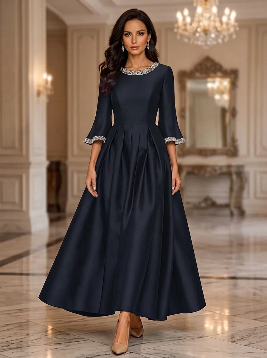 Navy Blue Round Neck 3/4 Flare Sleeve Rhinestone Embellished A-Line Maxi Dress