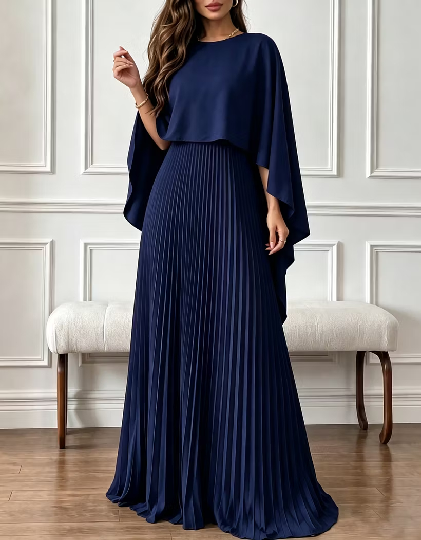 Round Neck Chiffon Cape Overlay Evening A‑Line Maxi Dress