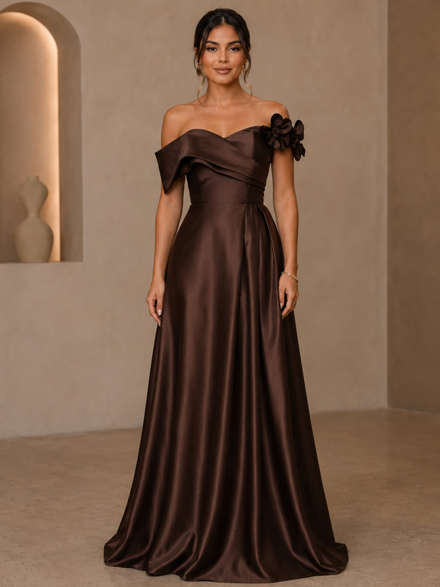 Dark Brown 3D Floral Off‑The‑Shoulder Sleeveless A‑Line Satin Maxi Gown