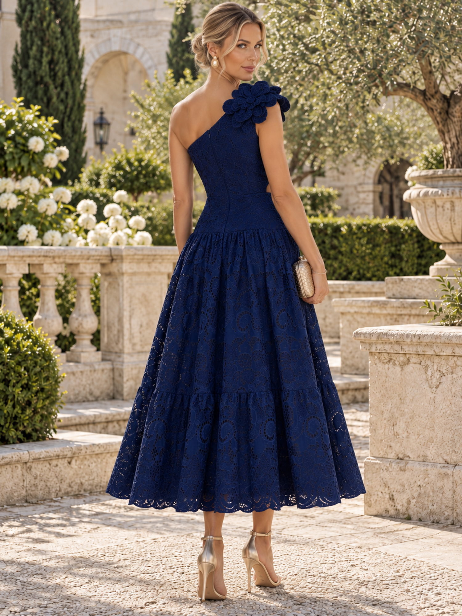 Navy Blue One-Shoulder Lace Floral Midi Dress