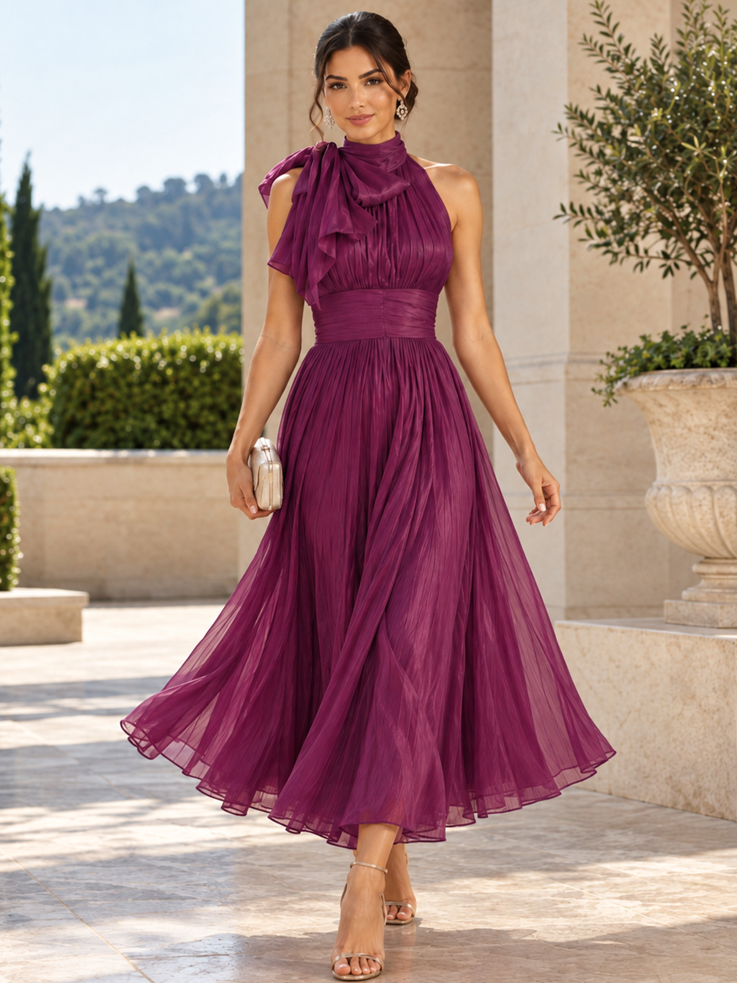 Plum Halter Bowknot Ruched A-Line Midi Dress