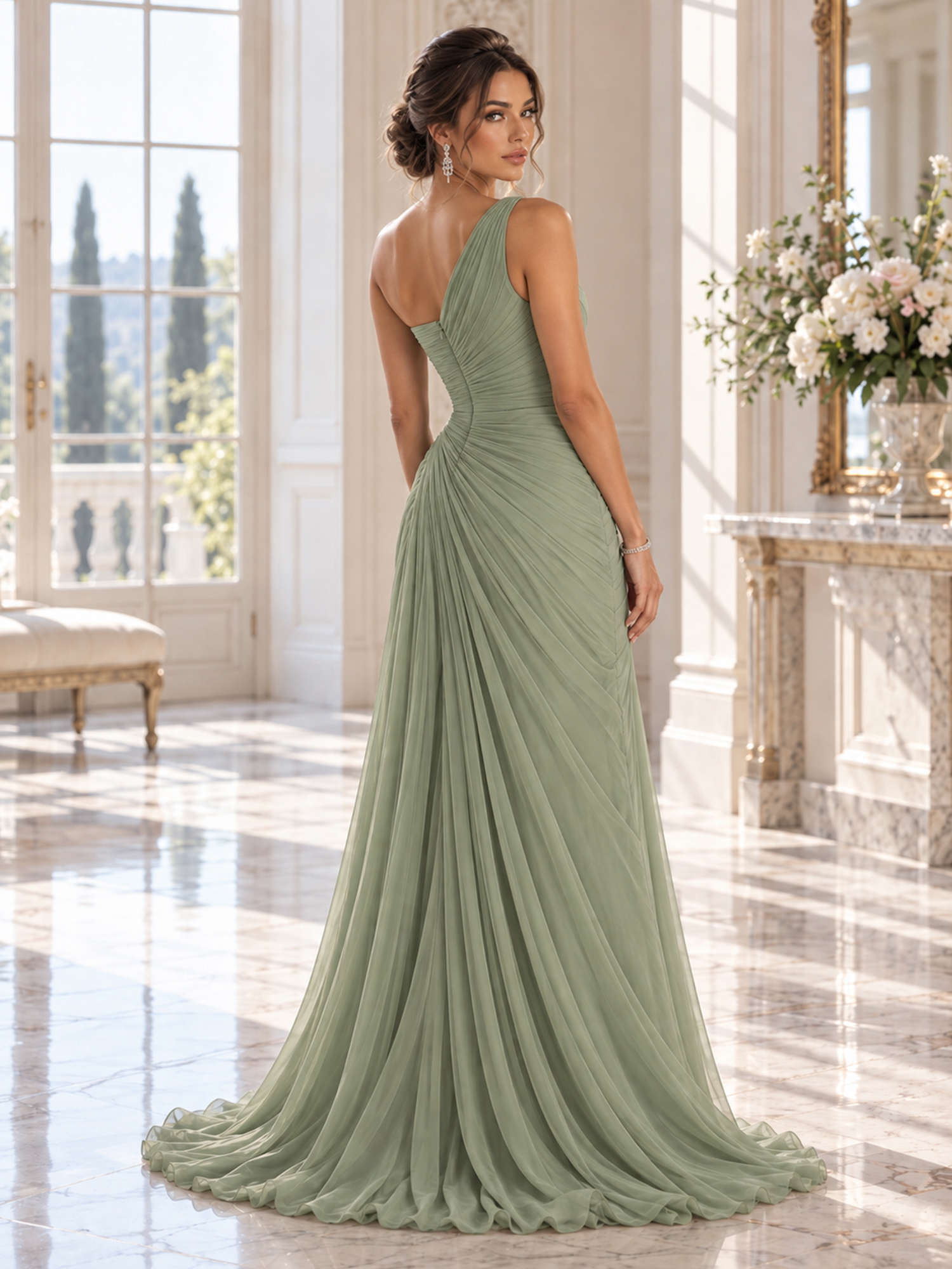 Sage Green One-Shoulder Ruched High-Slit Maxi Dress