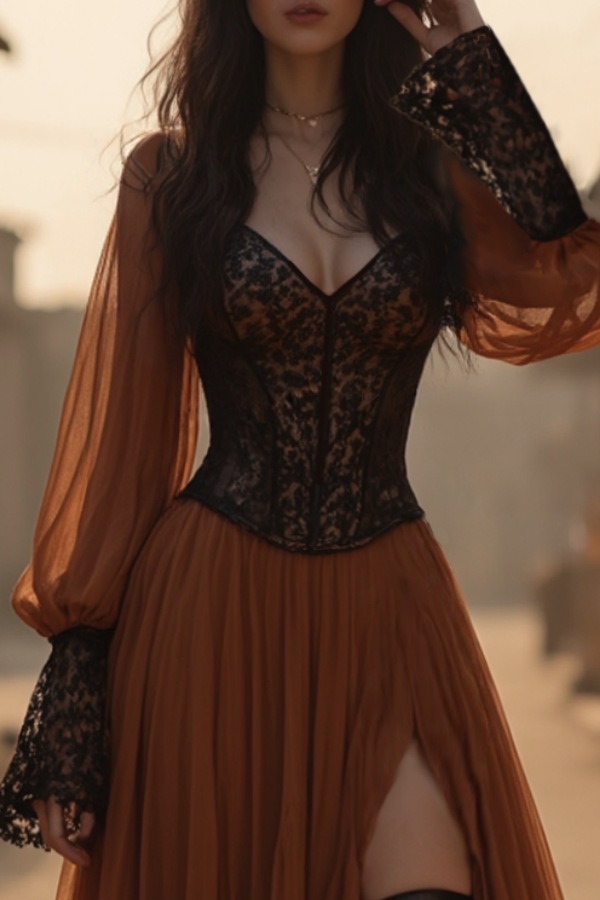 Boho Dress Brown V Neck Lace Chiffon Long Sleeve High Slit Maxi Dress