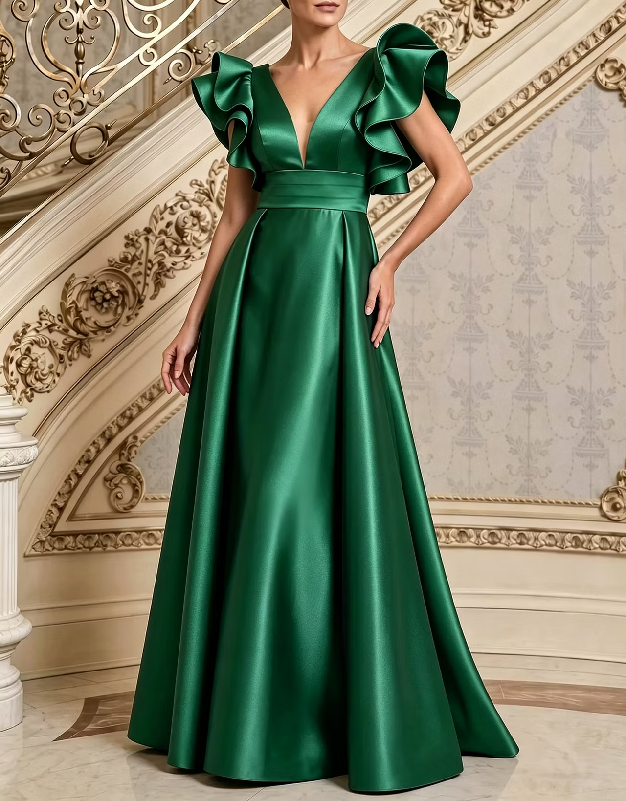 Navy Blue Deep-V Ruffle Wide-Waistband Satin A-Line Maxi Dress