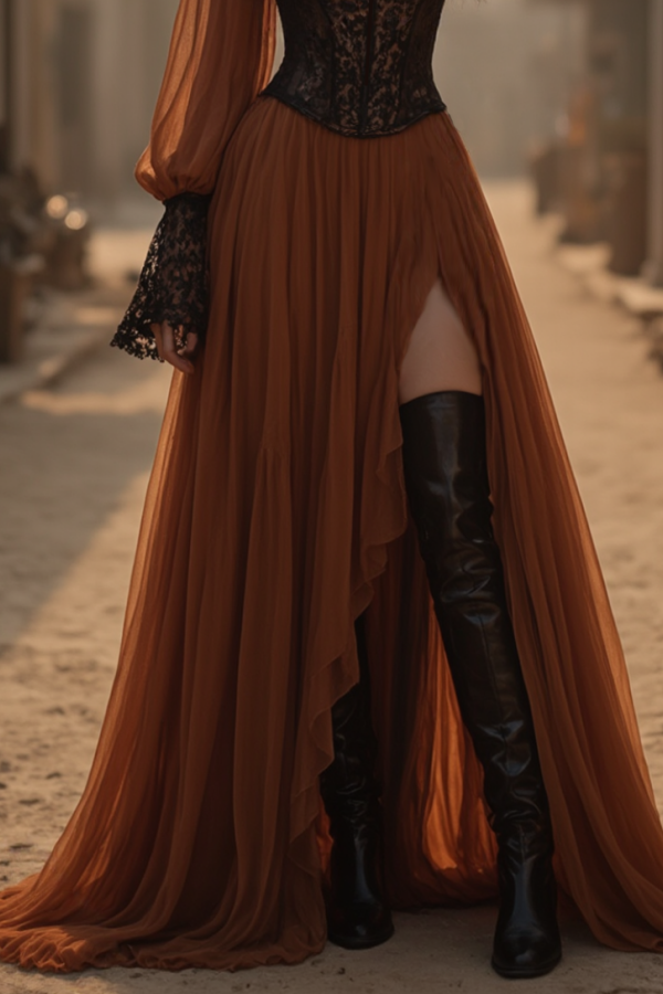 Boho Dress Brown V Neck Lace Chiffon Long Sleeve High Slit Maxi Dress