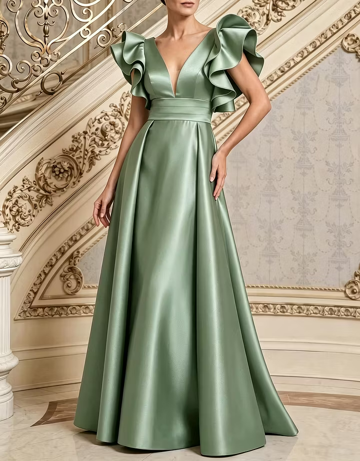 Navy Blue Deep-V Ruffle Wide-Waistband Satin A-Line Maxi Dress