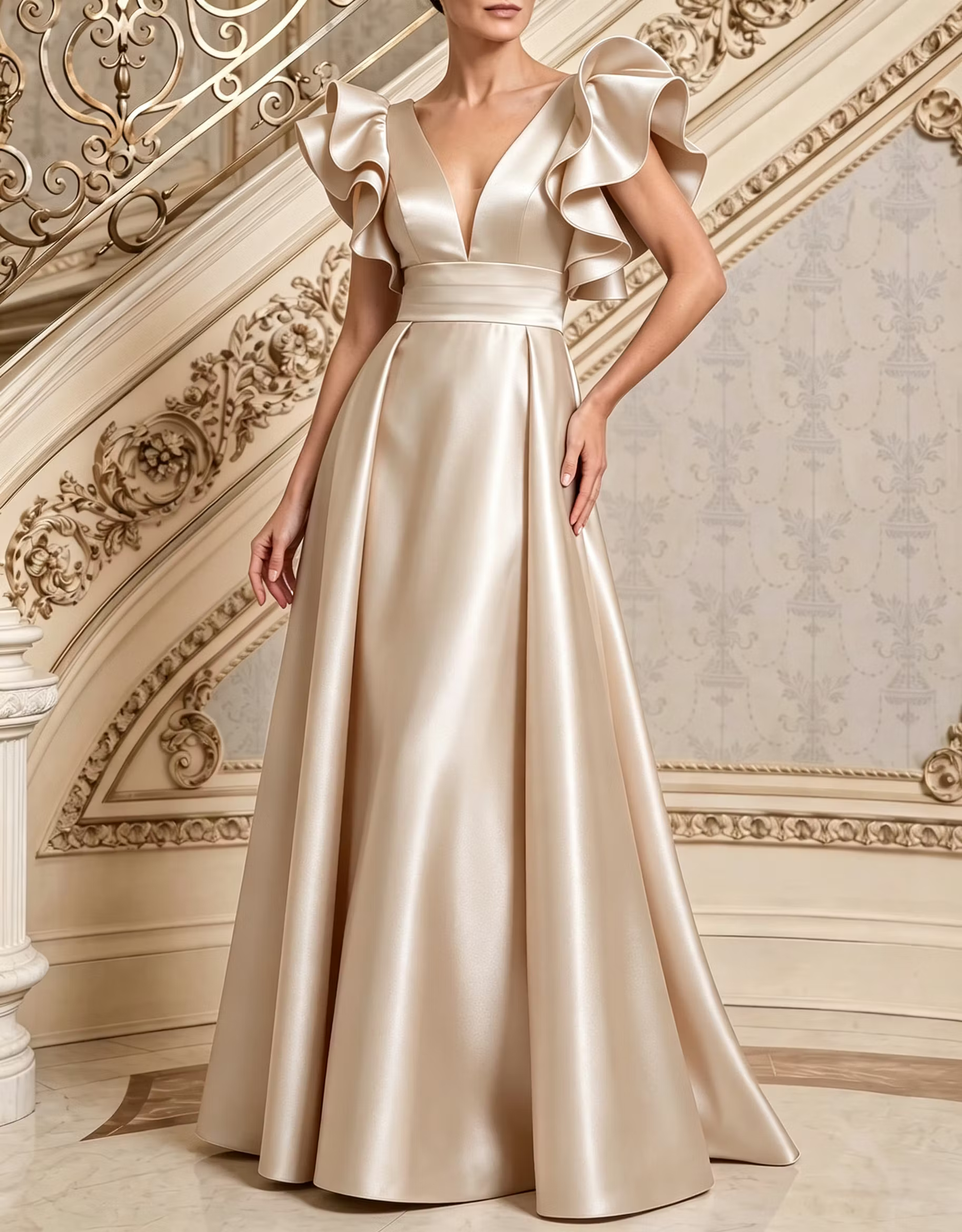 Navy Blue Deep-V Ruffle Wide-Waistband Satin A-Line Maxi Dress