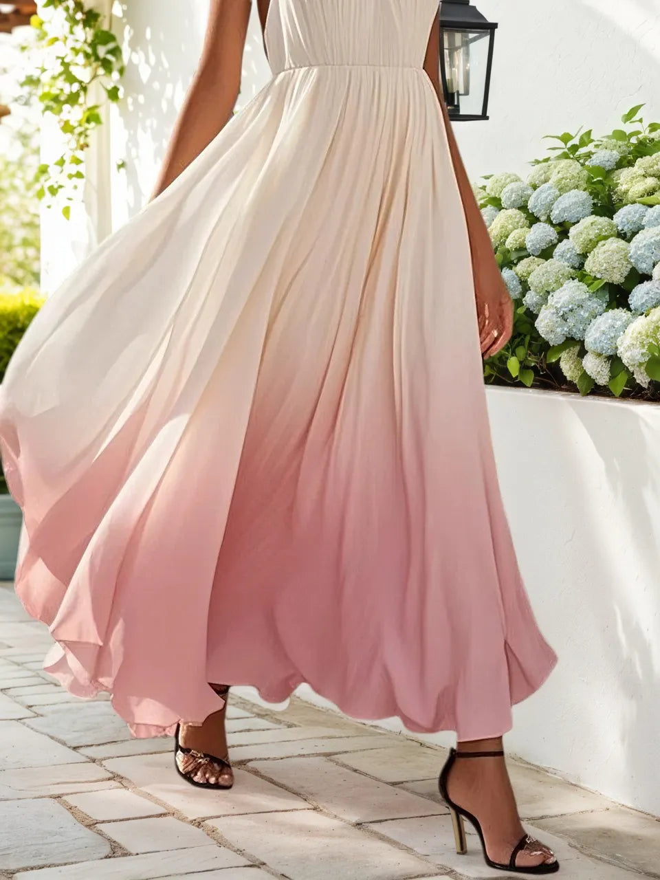 Pink Chiffon Halter Ombre Pearl Cut Out Sleeveless A-Line Mock Neck Maxi Dress