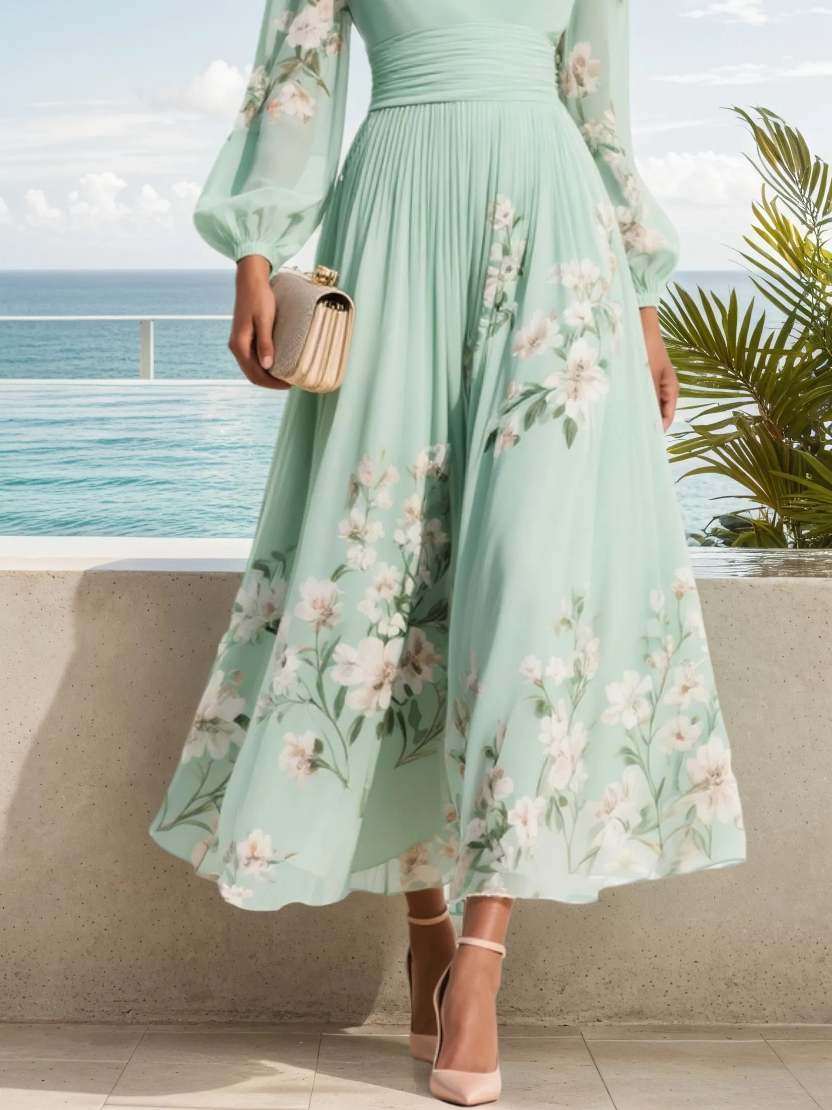 Light Green Ruched Floral Chiffon V Neck Long Sleeve Balloon Sleeve A-Line Maxi Dress
