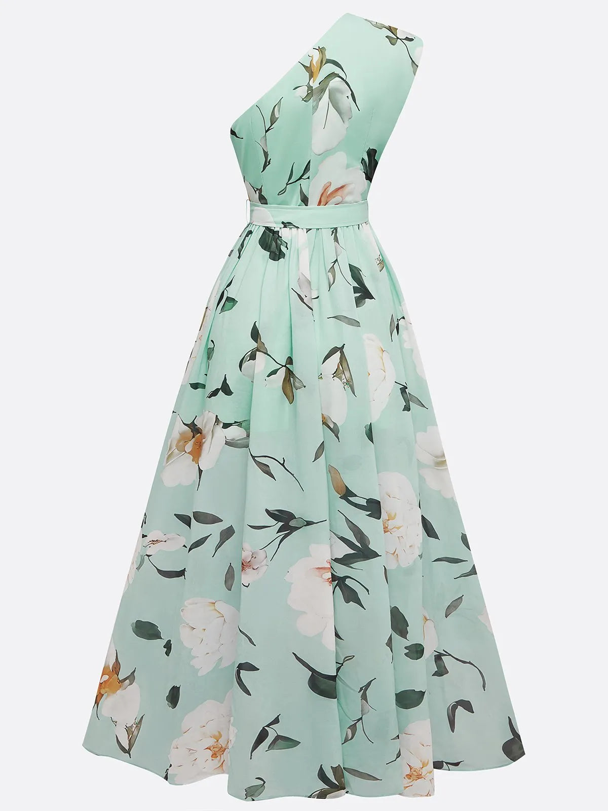 Light Green Floral Ruched One Shoulder A-Line Maxi Chiffon Dress