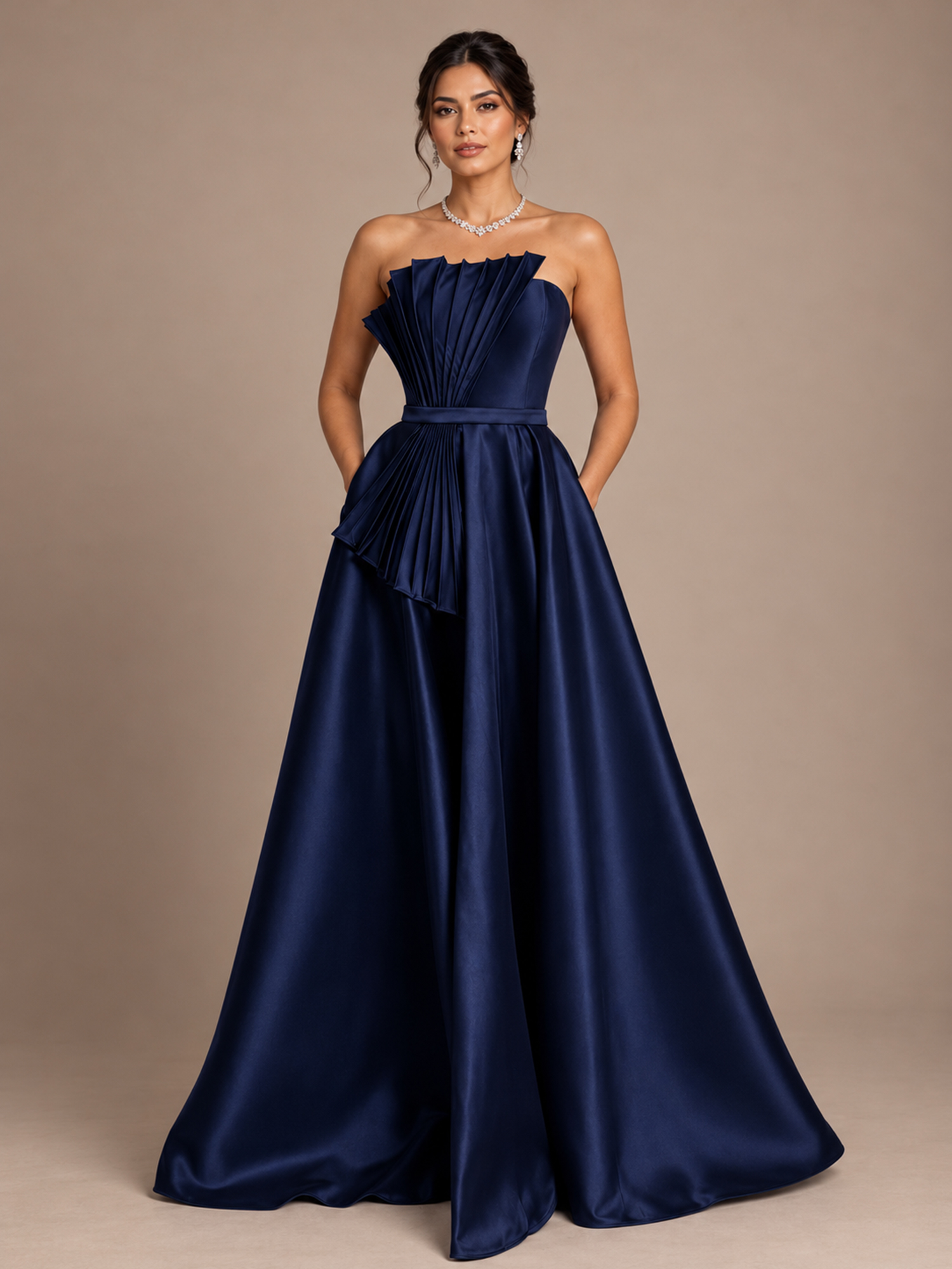 Navy Blue Strapless Pleated Fan A-Line Maxi Dress