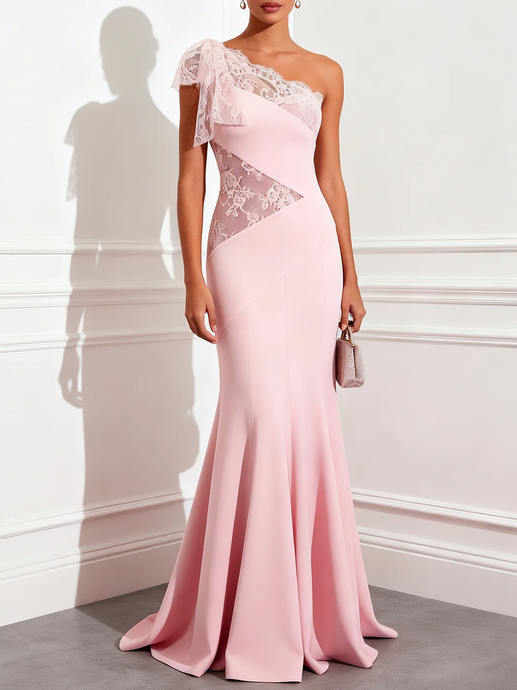 Pink One-Shoulder Lace Panel Mermaid Evening Gown