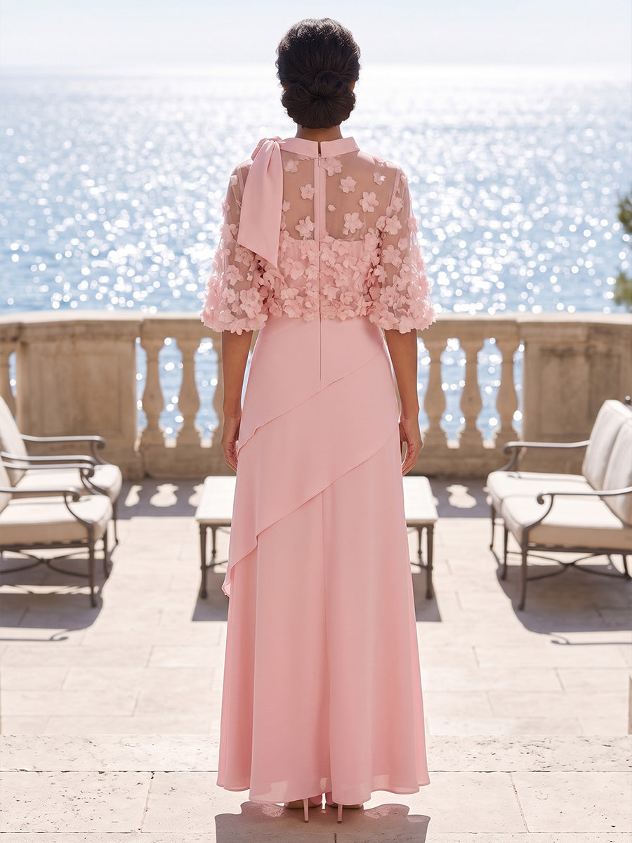 Blush Pink Floral Lace Bow Three-Quarter Sleeve Maxi Dress